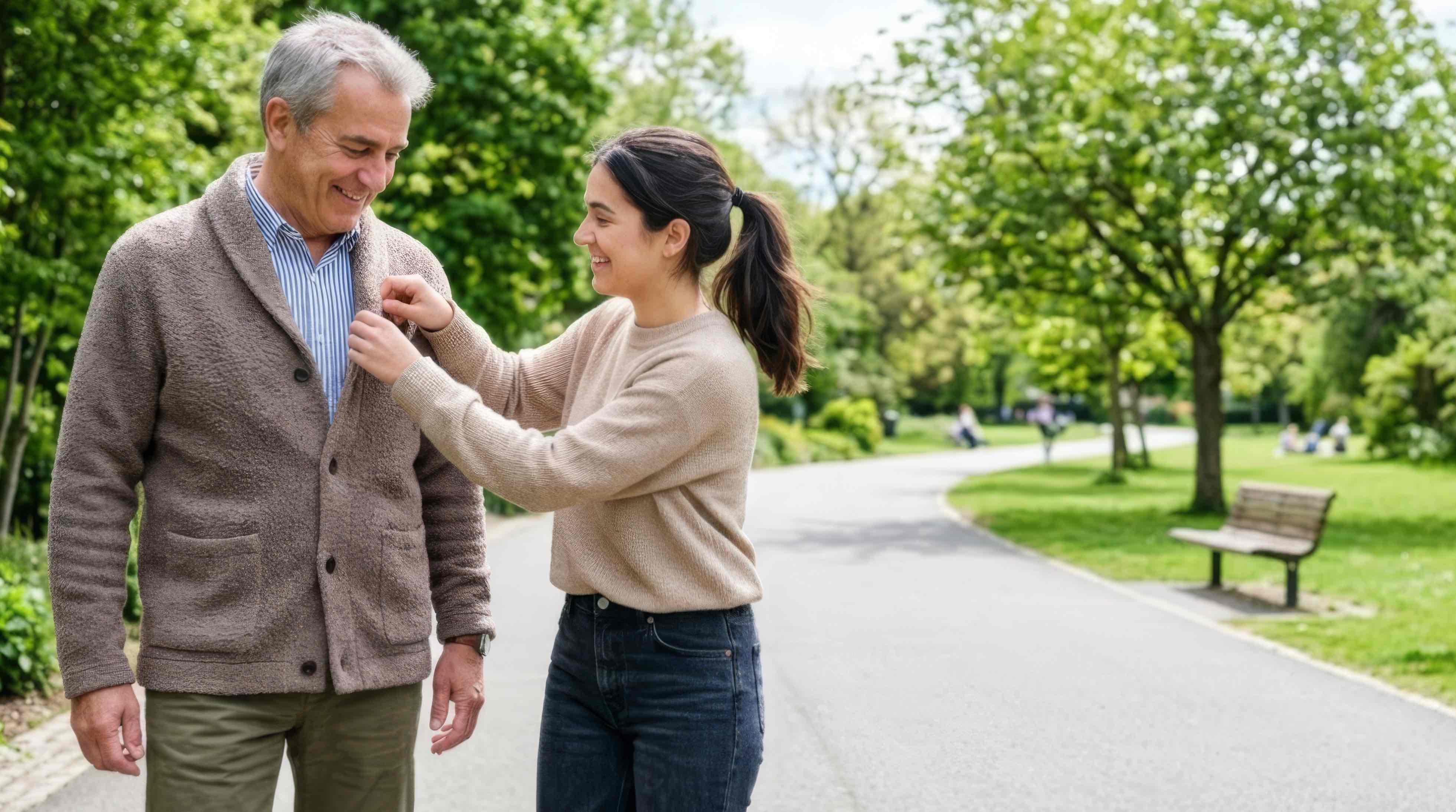 An older man and his daughter walking