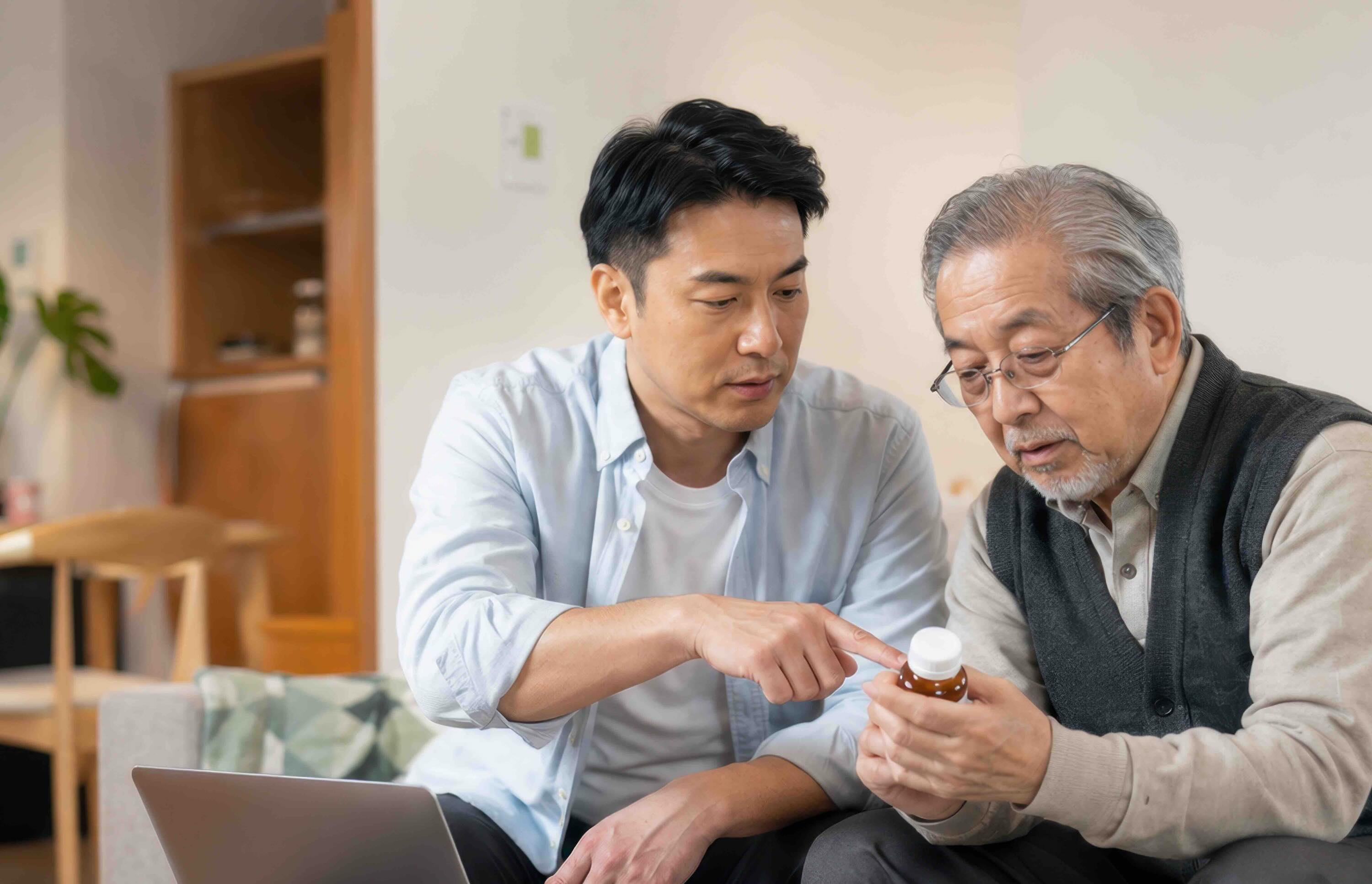 An adult son with his father looking at a medication bottle