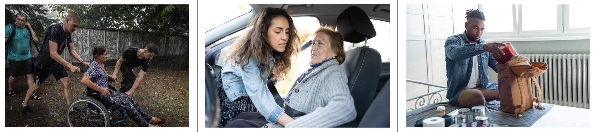 Three photos of people. One elderly person is being moved in a wheelchair. Another shows an elderly woman sitting in a car. The last photo shows a man in his 20's packing a bag.